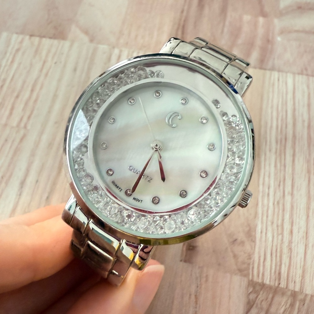 Charming Charlie silver tone floating crystals cuff bracelet watch NEW BATTERY